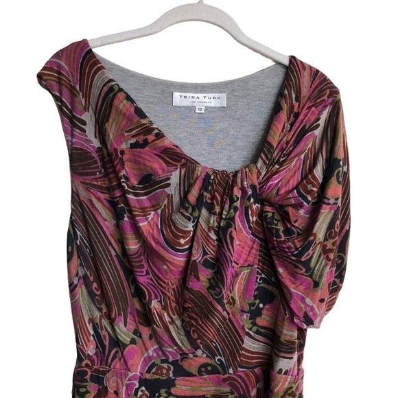 Trina Turk Raven Plumes Dress Pink Multicolor Asymmetrical Neckline Size 12 - Picture 3 of 9